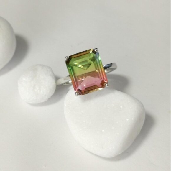 Watermelon Tourmaline Solitaire Ring in Sterling Silver size 6.5 🆕 - Picture 1 of 9